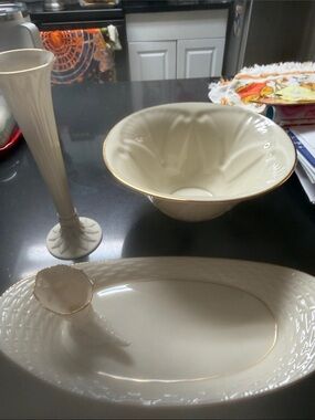 Cream Ceramic Serving Bowl and Tray Set with Gold Trim